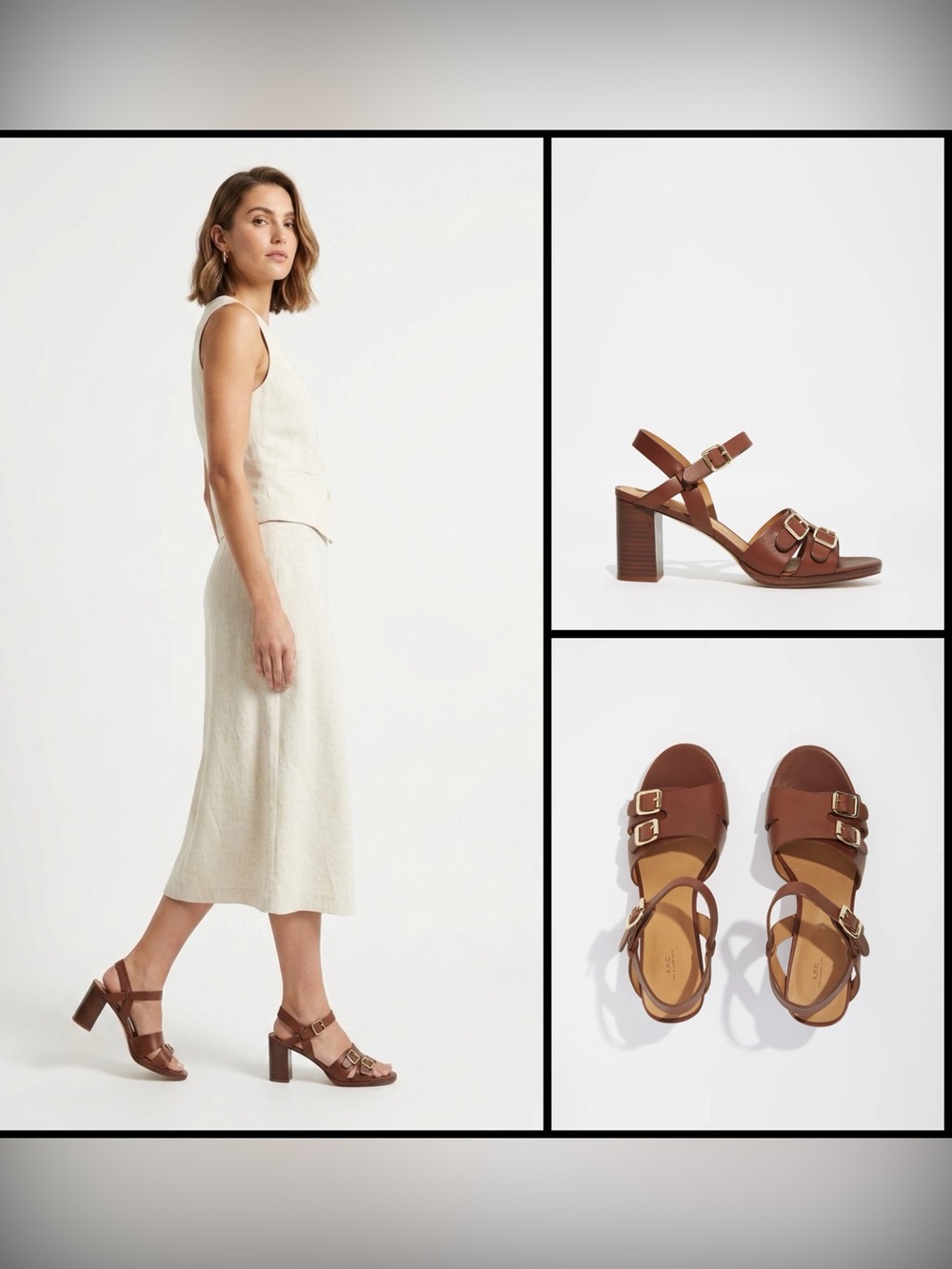 A.P.C. Tess Leather Buckle Block Heel Strappy Sandals Hazelnut Quiet Luxury 39/9